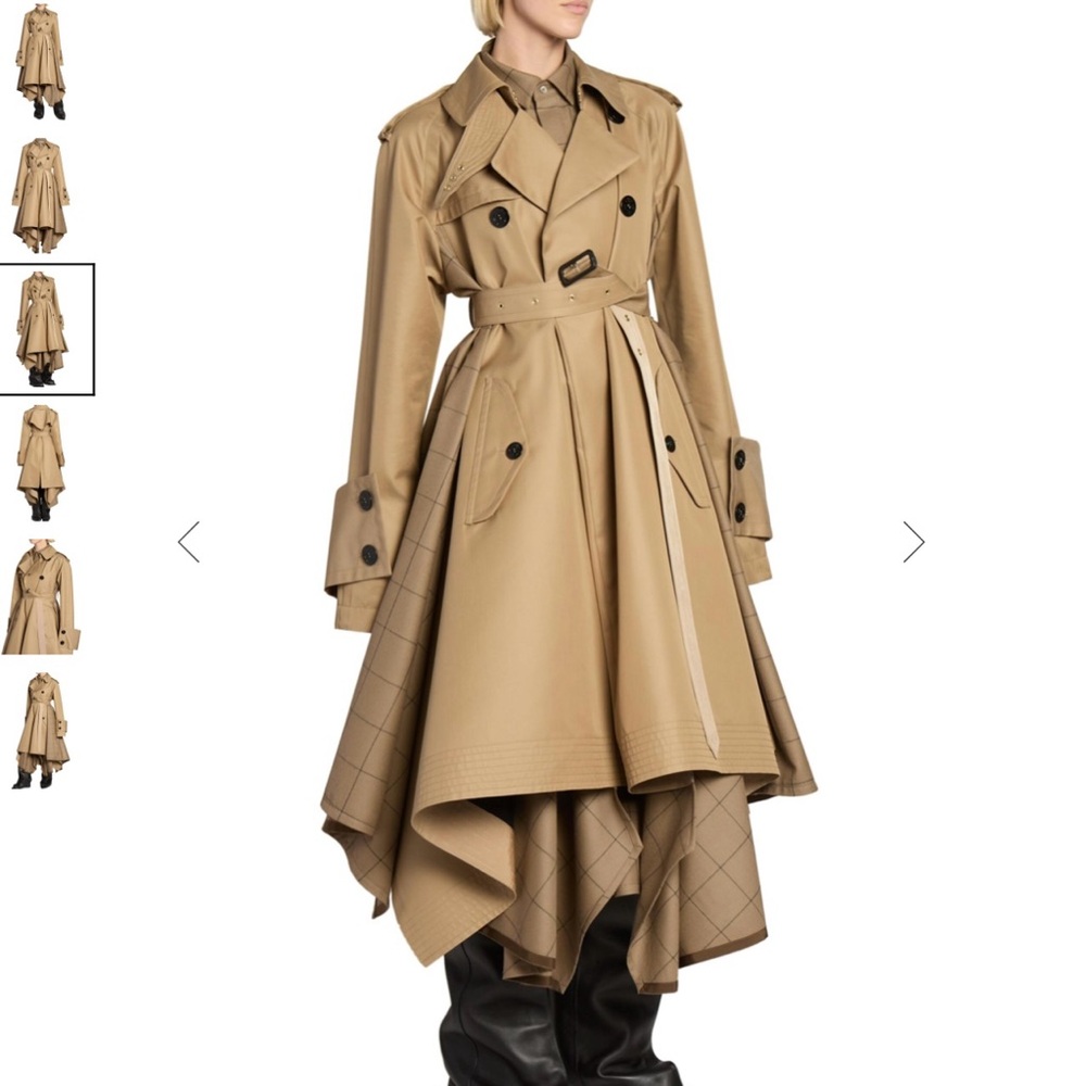 FW24 Sacai Windowpane Gabardine Cotton & Wool Double Breasted Khaki Trench Coat